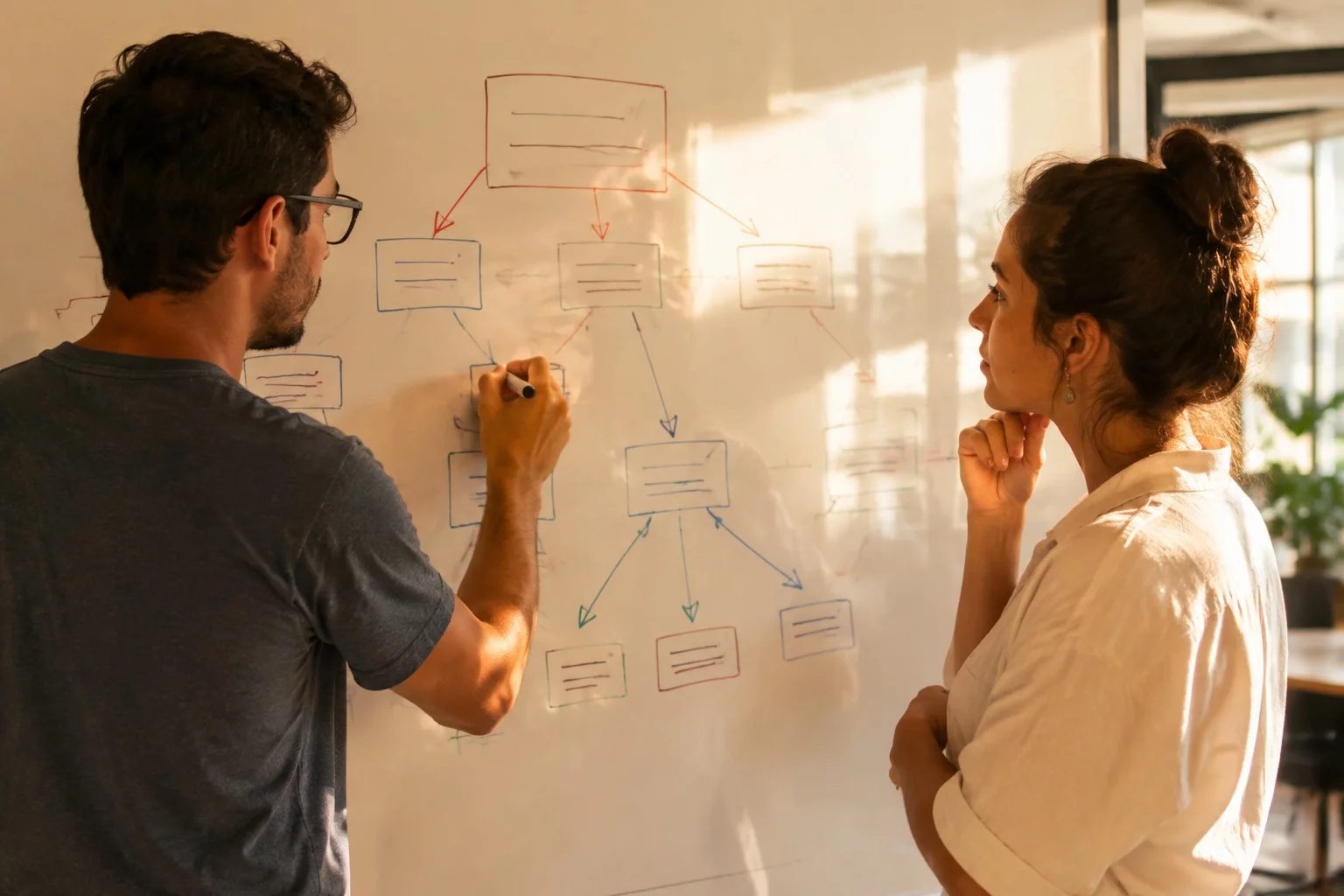 Duas pessoas diante de um quadro branco com um mapa de argumento desenhado à mão
