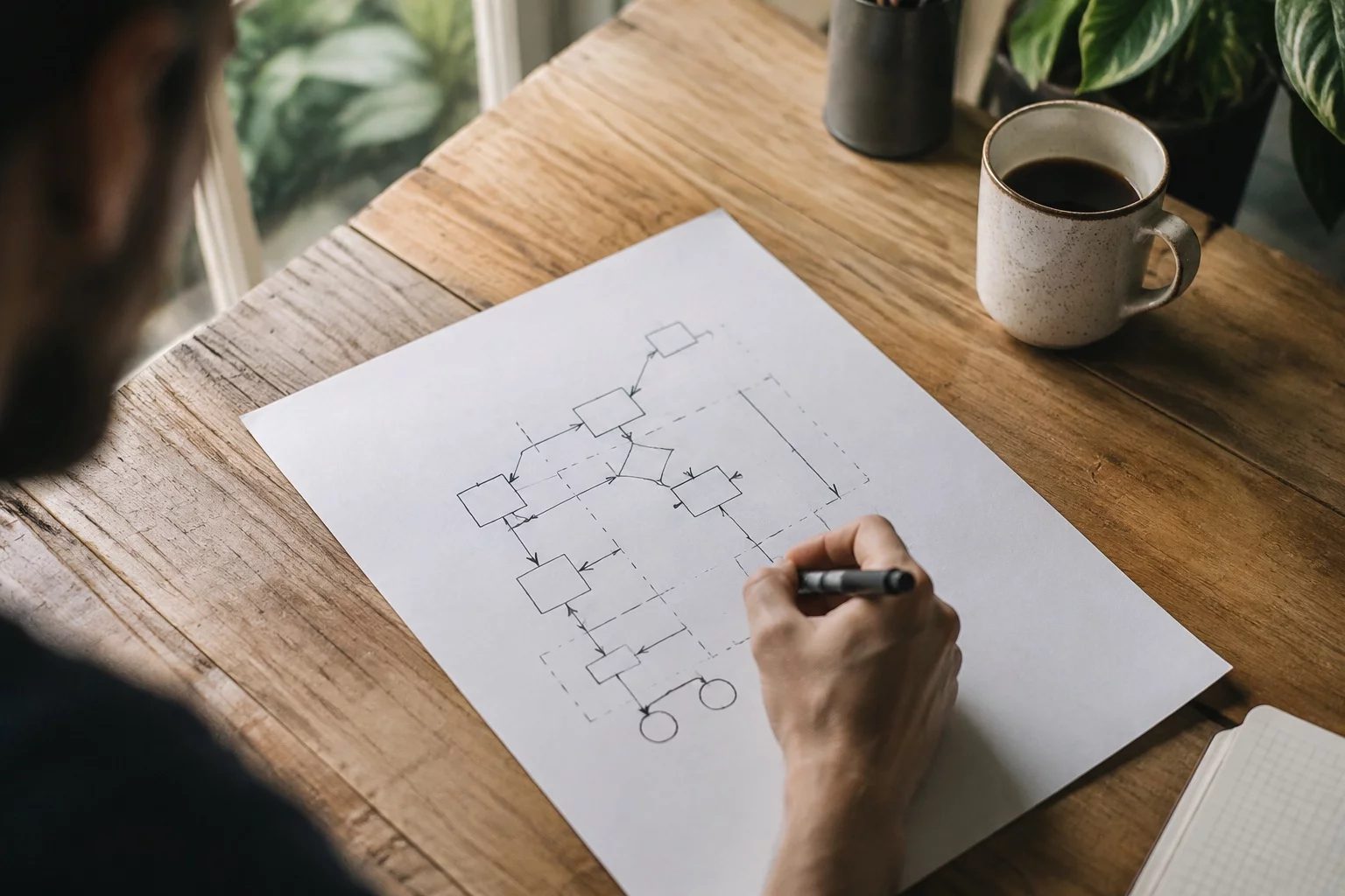Vista de cima de uma mesa com um diagrama de lógica desenhado à mão