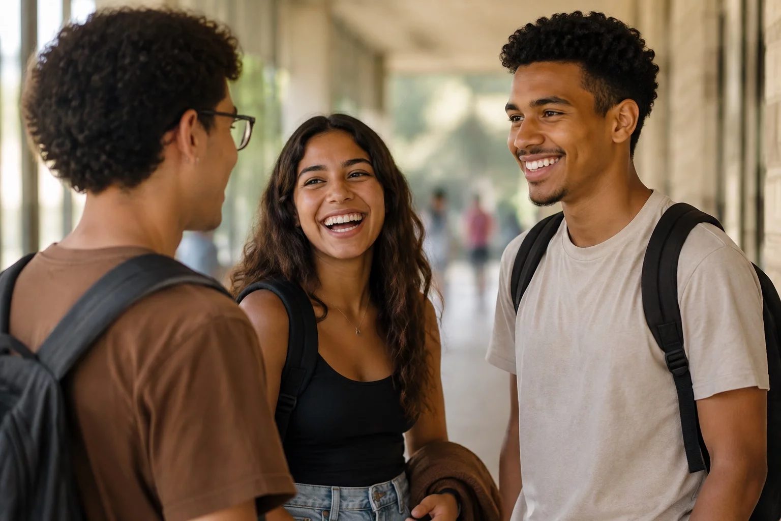 Estudantes com mochilas conversando no corredor de uma universidade