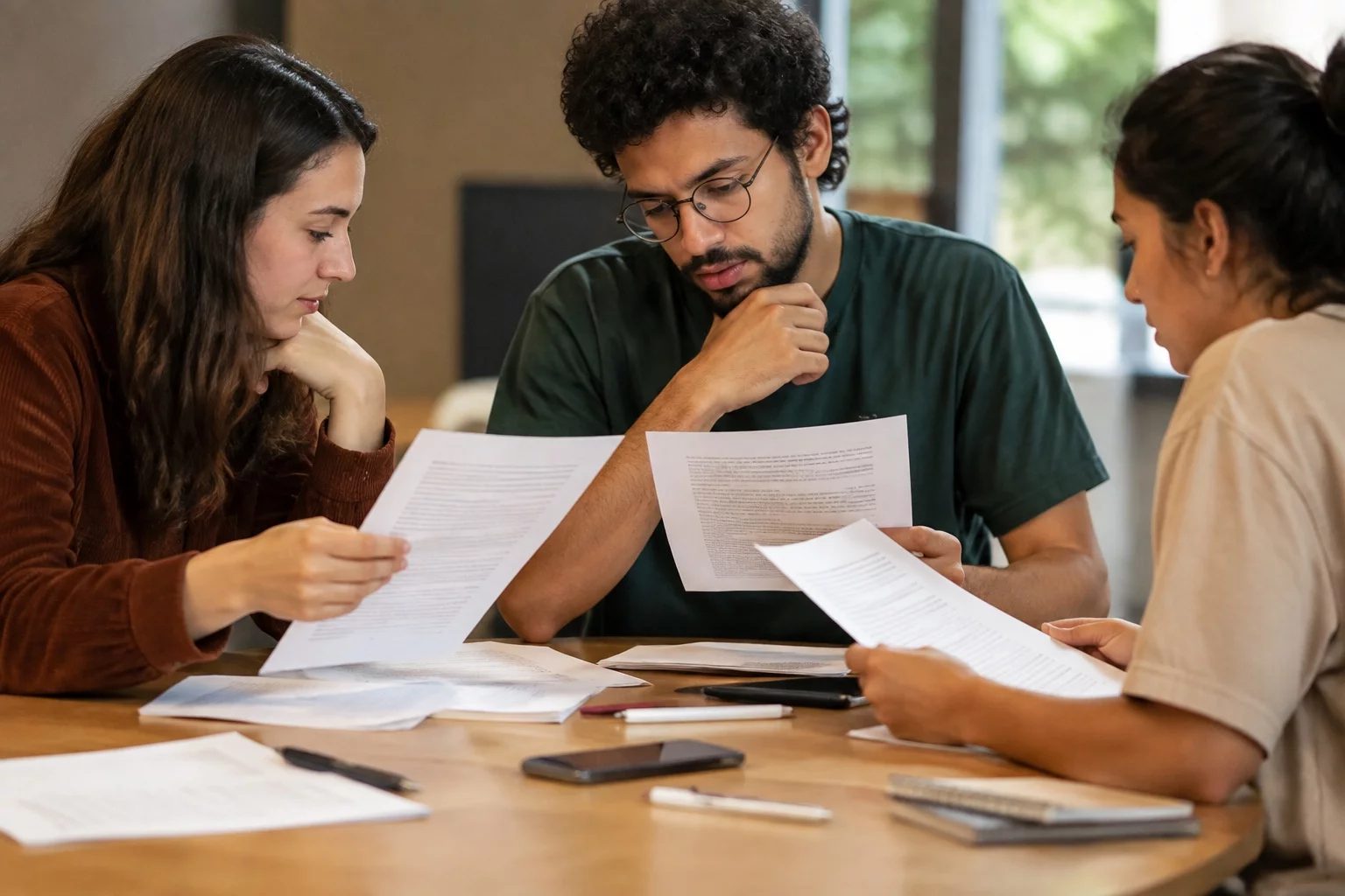 Grupo pequeno lendo páginas impressas de argumentos ao redor de uma mesa