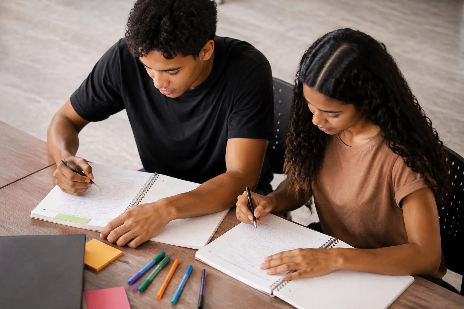 Dois estudantes preparando um debate com cadernos e marcadores