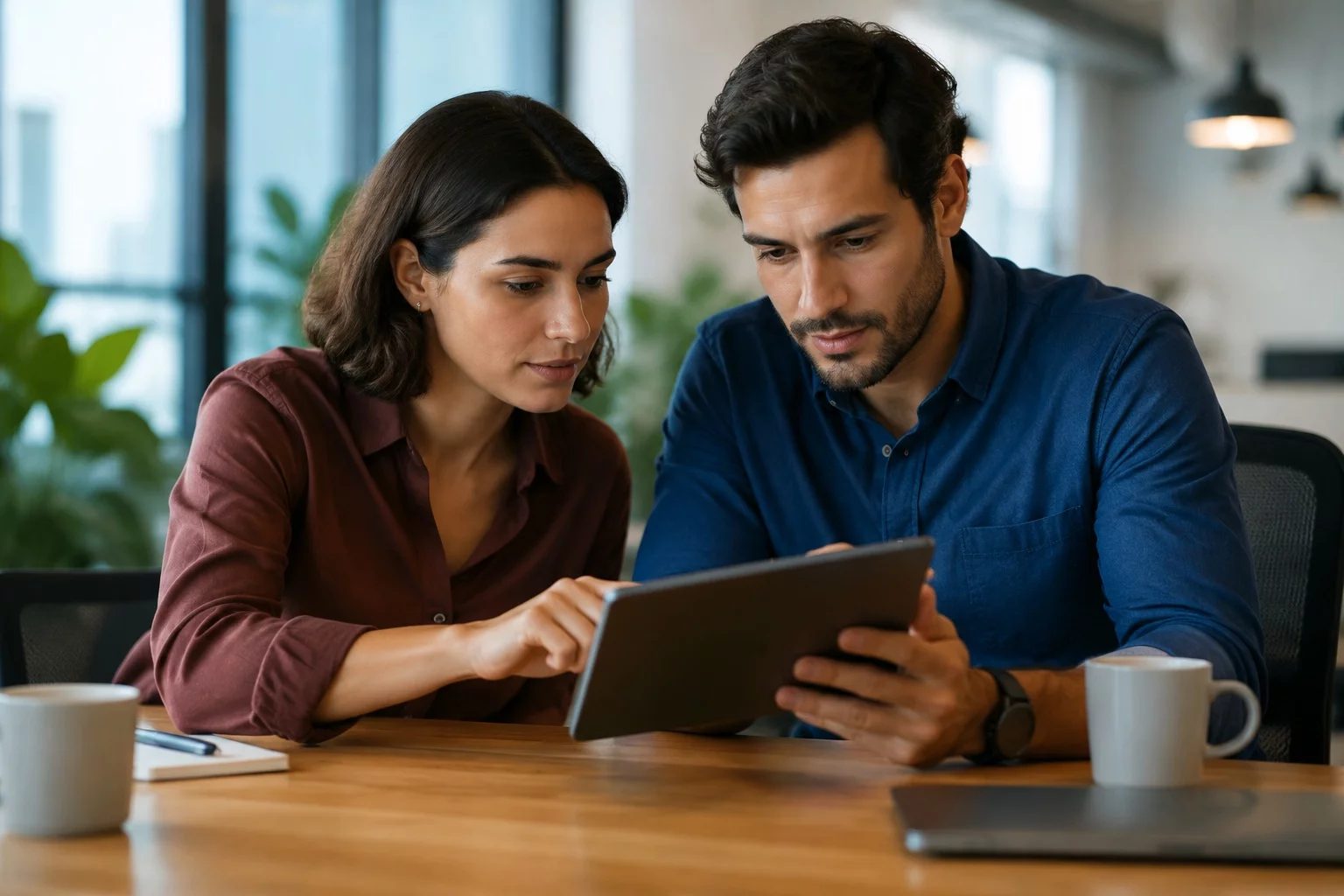 Duas pessoas revisando anotações em um tablet sobre uma mesa de madeira